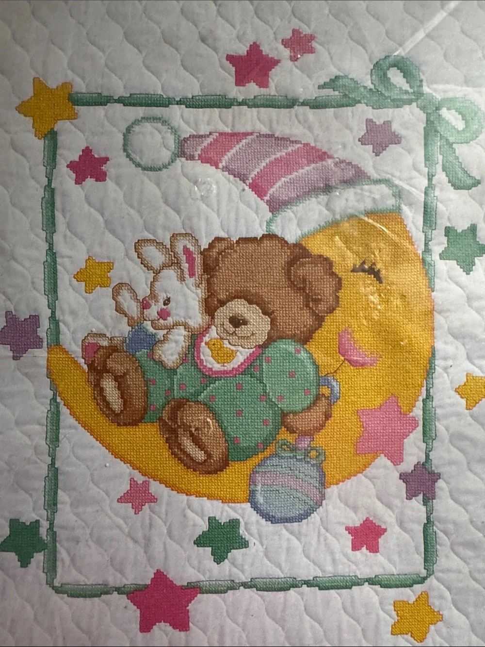 Quilted Baby Bedding - White with Yellow Moon and Multicolor Stars,Cross Stitch